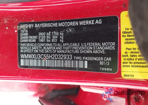 2017 Mini Hardtop Cooper S z USA, uszkodzony, nr VIN WMWXU3C55H2D32933